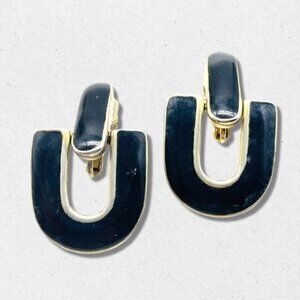 Vintage Crown Trifari Door Knocker Earrings U-Shaped Clip On Black/Silver W OS